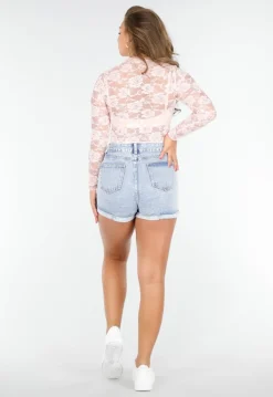 Lichtroze Kanten Langsleeve Crop Top met Mooie Rozenprint