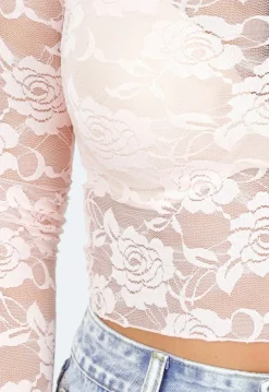 Lichtroze Kanten Langsleeve Crop Top met Mooie Rozenprint
