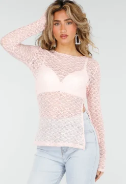 Lichtroze Kanten Top met Lange Mouwen met Stretch