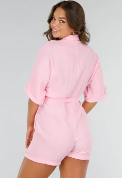 Lichtroze Katoenen Playsuit met Knoopsluiting en Tailleceintuur