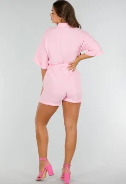 Lichtroze Katoenen Playsuit met Knoopsluiting en Tailleceintuur