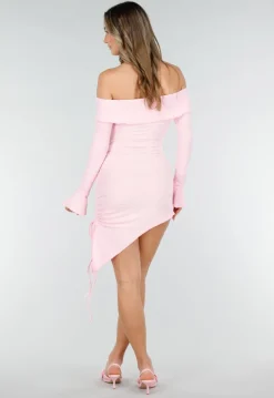 Lichtroze Korte Off Shoulder Bodycon Jurk met Stretch