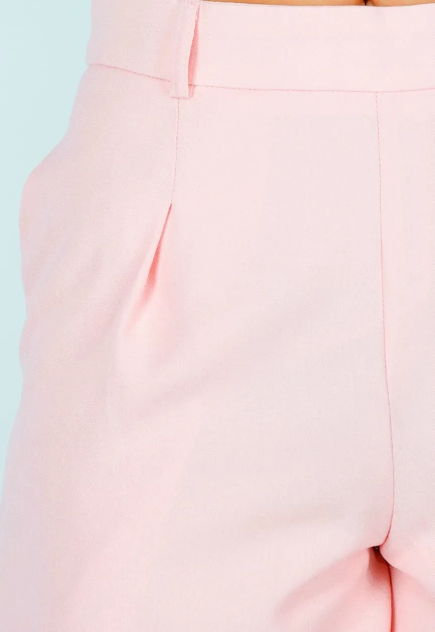 Lichtroze Linnenlook Short met Plooien en Rechte Pijpen