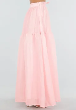 Lichtroze Maxi Rok met Strikceintuur en Volant