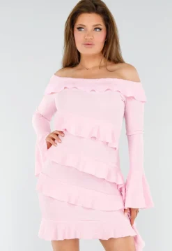 Lichtroze Off-Shoulder Jurk Met Volants en Lange Mouwen