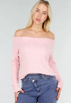 Lichtroze Off Shoulder Trui met Kabelpatroon en Brede Halsrand
