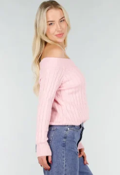 Lichtroze Off Shoulder Trui met Kabelpatroon en Brede Halsrand