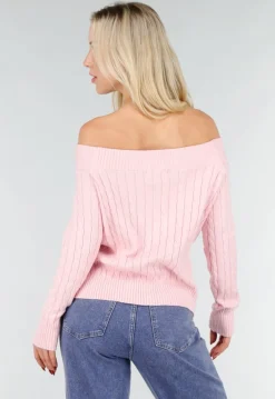 Lichtroze Off Shoulder Trui met Kabelpatroon en Brede Halsrand