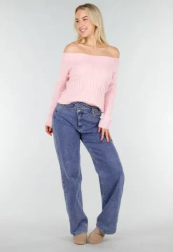 Lichtroze Off Shoulder Trui met Kabelpatroon en Brede Halsrand