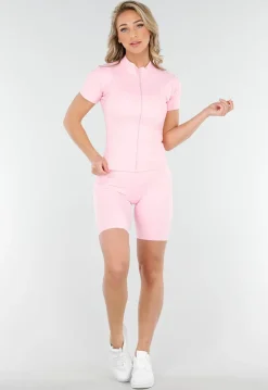 Lichtroze Sportset met Korte Mouwen Jasje en Shaping Short met Hoge Tailleband