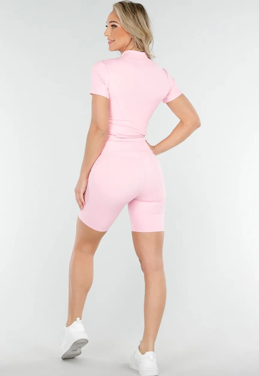 Lichtroze Sportset met Korte Mouwen Jasje en Shaping Short met Hoge Tailleband