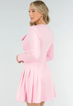 Lichtroze Stretch Jurk met Knopen, Vierkante Hals en Plooien