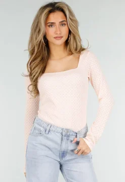 Lichtroze Stretch Top met Lange Mouwen en Vierkante Hals