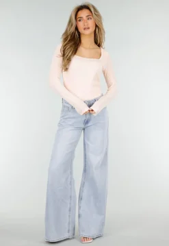 Lichtroze Stretch Top met Lange Mouwen en Vierkante Hals