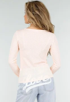 Lichtroze Stretch Top met Lange Mouwen en Vierkante Hals