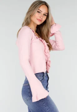 Lichtroze Stretch Top met Ruches en Striksluiting aan de Voorzijde