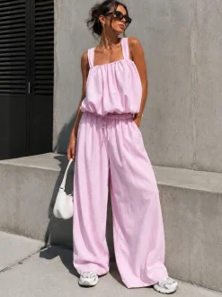 Lichtroze Stretch Two Piece Set met Mouwloze Top en Wide Leg Broek