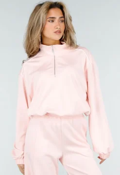 Lichtroze Sweater met Halve Rits en Elastische Boorden