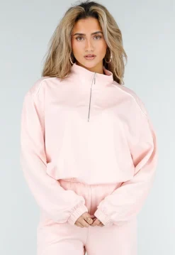 Lichtroze Sweater met Halve Rits en Elastische Boorden