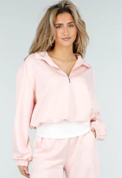 Lichtroze Sweater met Halve Rits en Elastische Boorden