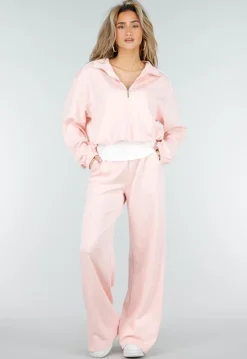 Lichtroze Sweater met Halve Rits en Elastische Boorden
