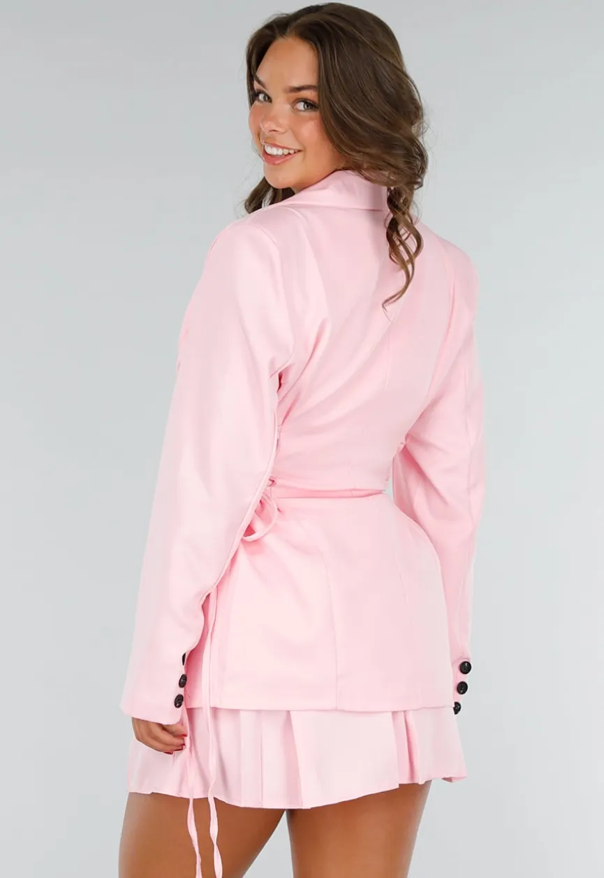 Lichtroze Two Piece Set met Getailleerde Blazer en Plooirok met Stretch