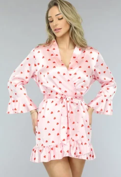 Lichtroze Valentine Satin Pyjama Set met Hartjes Kimono