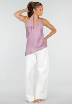 Lila Halter Wikkel Top met Open Rug en Asymmetrische Zoom
