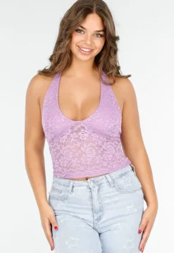 Lila Kanten Halter Crop Top met Diepe V-Hals