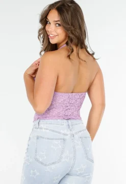 Lila Kanten Halter Crop Top met Diepe V-Hals