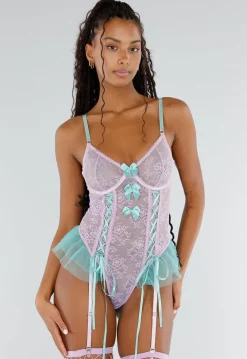 Lila Kanten Lingerie Set met Mintgroene Strikken Tule Details en Netkousen