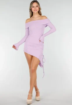 Lila Korte Off Shoulder Bodycon Jurk met Stretch