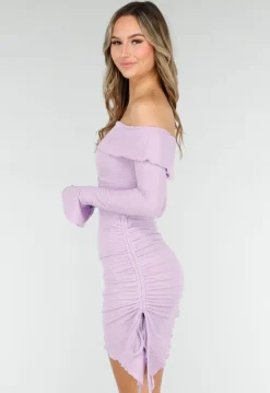 Lila Korte Off Shoulder Bodycon Jurk met Stretch