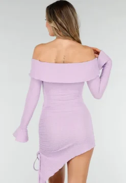 Lila Korte Off Shoulder Bodycon Jurk met Stretch