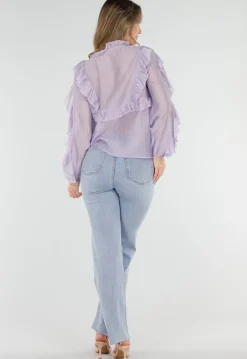 Lila Ruffle Blouse met Strikdetail en Lange Mouwen