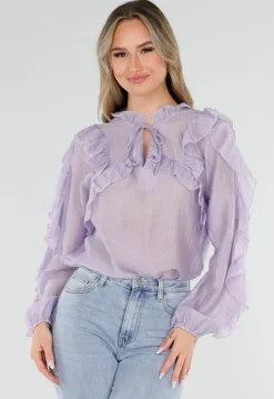 Lila Ruffle Blouse met Strikdetail en Lange Mouwen