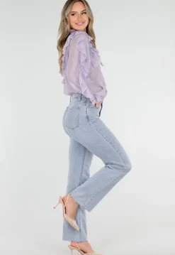 Lila Ruffle Blouse met Strikdetail en Lange Mouwen