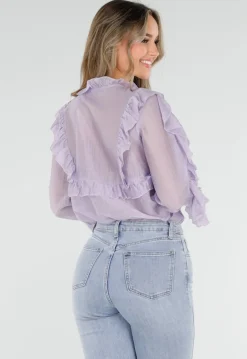Lila Ruffle Blouse met Strikdetail en Lange Mouwen