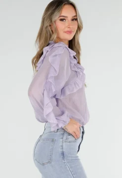 Lila Ruffle Blouse met Strikdetail en Lange Mouwen