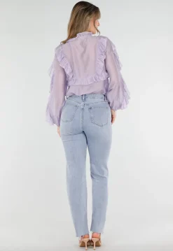 Lila Ruffle Blouse met Strikdetail en Lange Mouwen