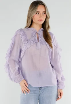 Lila Ruffle Blouse met Strikdetail en Lange Mouwen