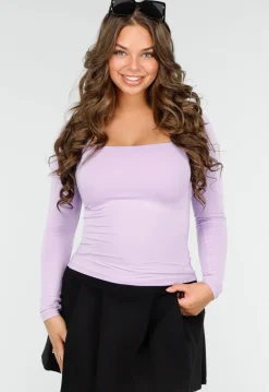 Lila Stretch Top met Vierkante Hals en Lange Mouwen