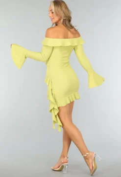 Limoen Groene Off Shoulder Ruffle Jurk