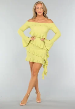 Limoen Groene Off Shoulder Ruffle Jurk
