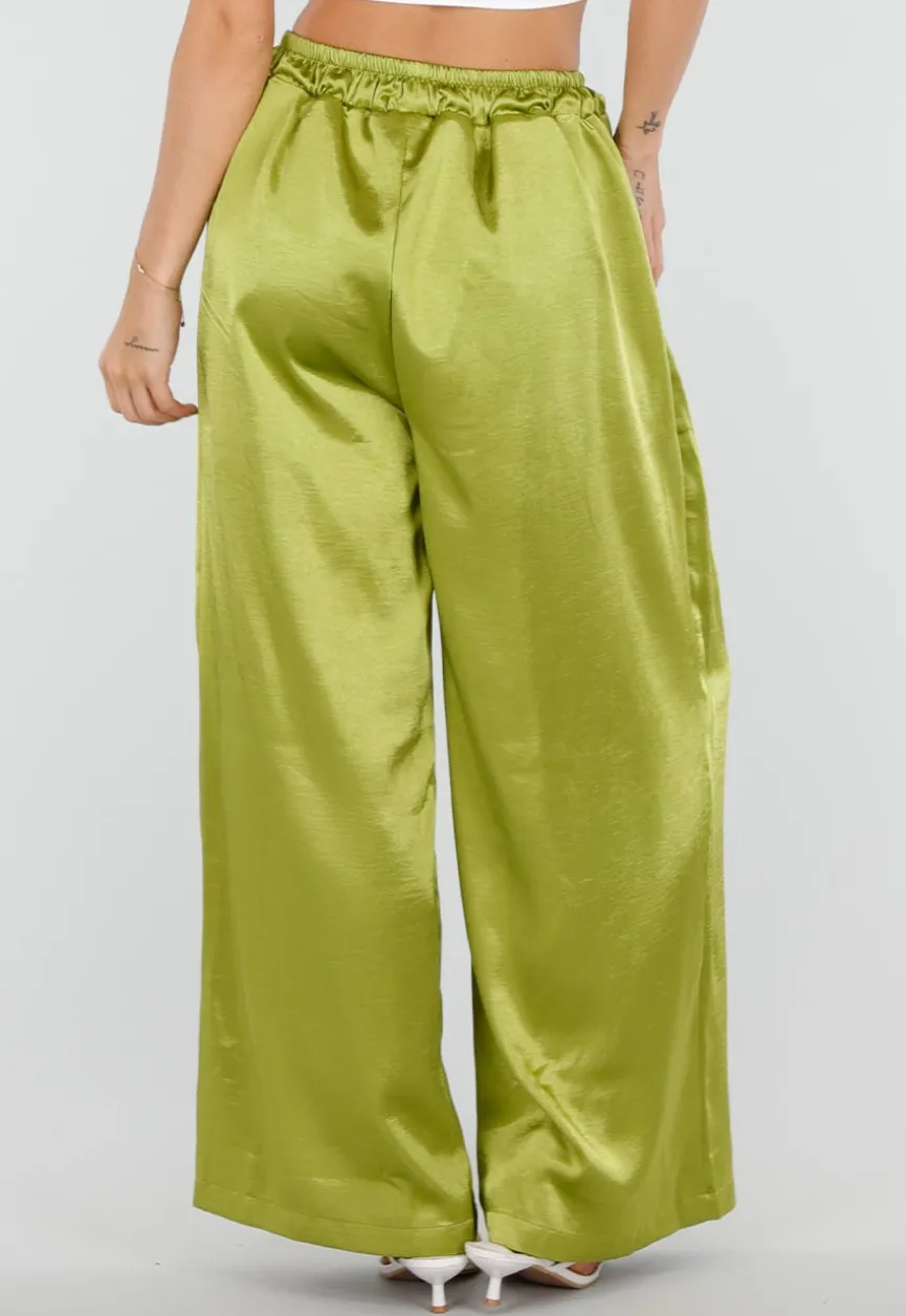 Limoengroene Satijnen Wide Leg Broek met Elastische Taille