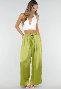 Limoengroene Satijnen Wide Leg Broek met Elastische Taille