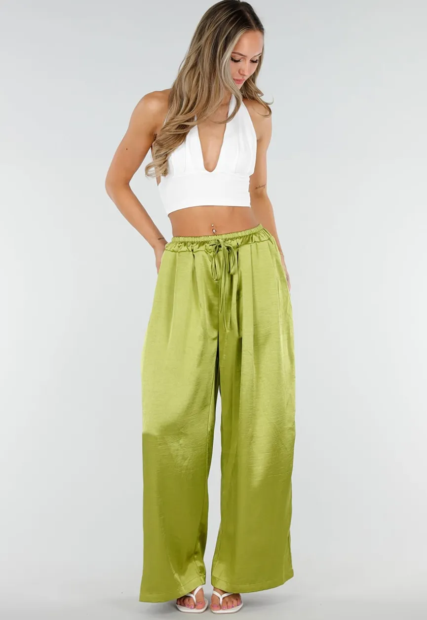 Limoengroene Satijnen Wide Leg Broek met Elastische Taille