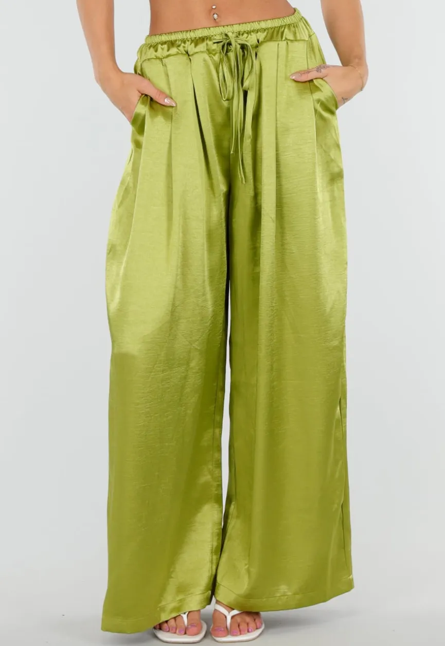 Limoengroene Satijnen Wide Leg Broek met Elastische Taille