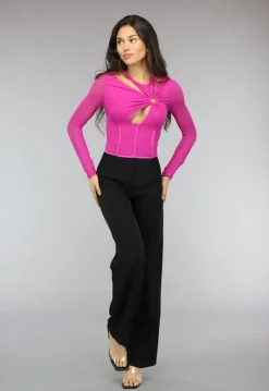 Longsleeve Fuchsia Mesh Korset Top met Cutouts