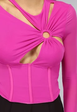 Longsleeve Fuchsia Mesh Korset Top met Cutouts
